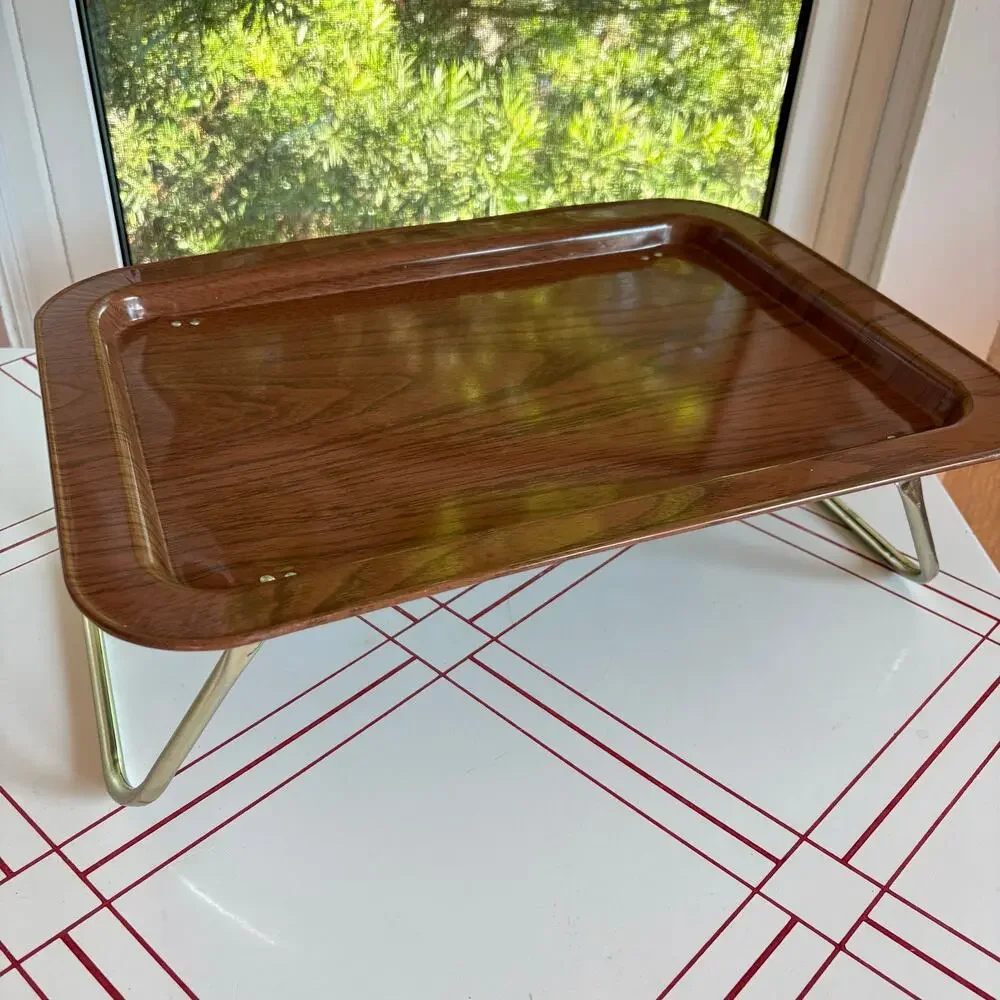 Vintage Faux Bois Metal Folding Lap Tray Gold Tone Legs MCM